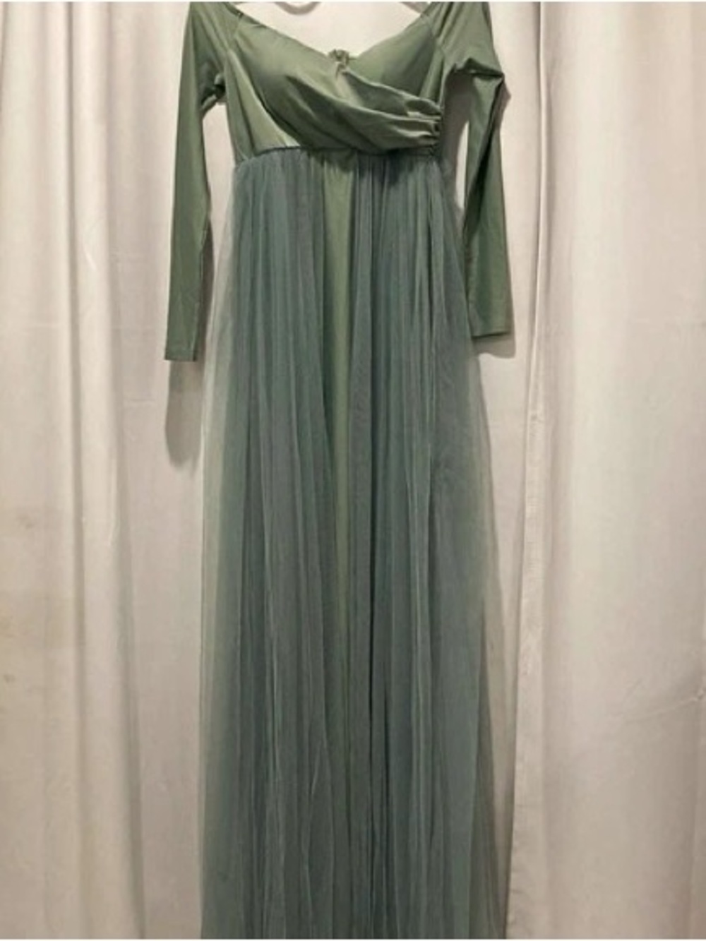 Faeriesty Long-Sleeve Sage Green Maxi Dress with Tulle Skirt